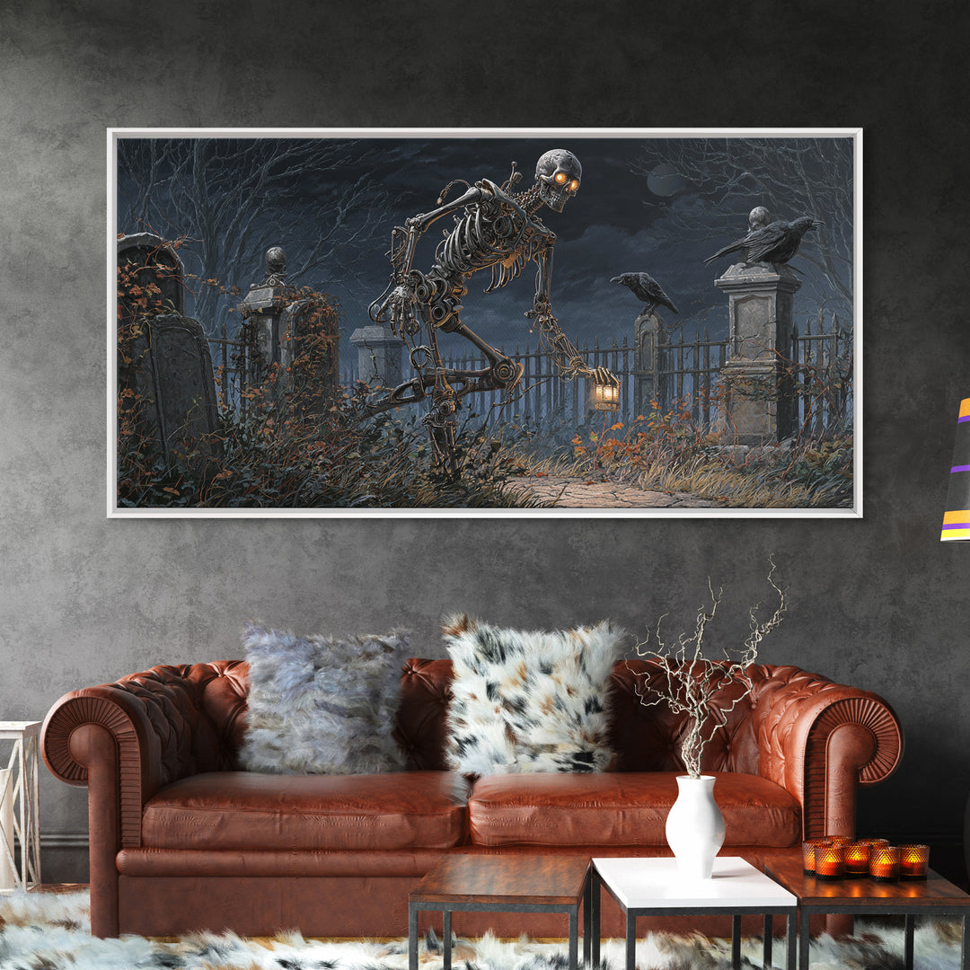 The Biomechanical Skeleton, Wide Panoramic Art, Gothic Horror Wall Art, Framed Canvas Print, Halloween Wall Decor, Gothic Home Decor