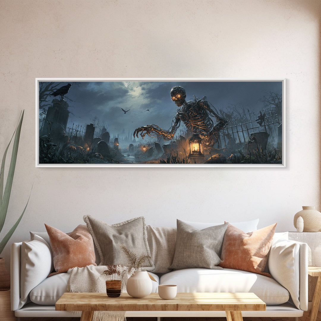 The Biomechanical Skeleton, Extra Wide Wall Art, Dark Fantasy Wall Art, Canvas Print, Halloween Wall Decor, Gothic Home Decor