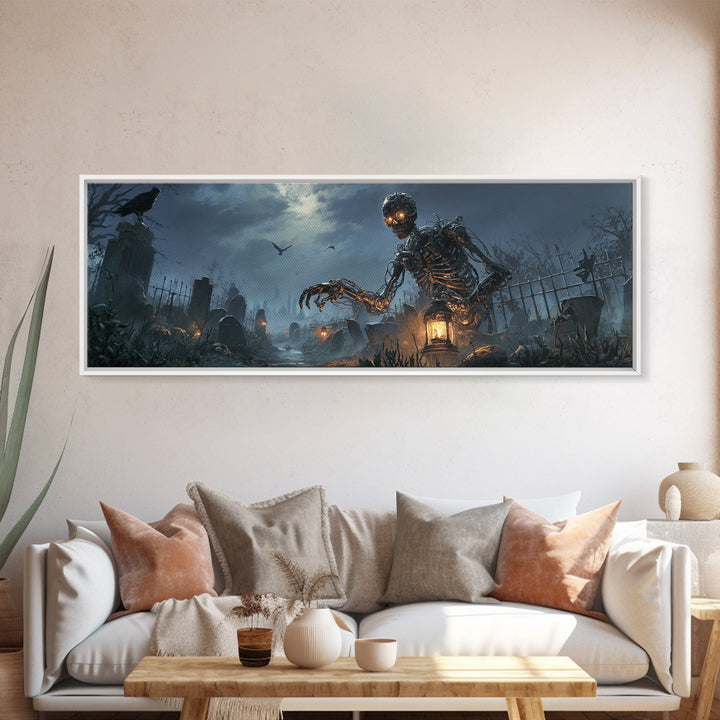 The Biomechanical Skeleton, Extra Wide Wall Art, Dark Fantasy Wall Art, Canvas Print, Halloween Wall Decor, Gothic Home Decor