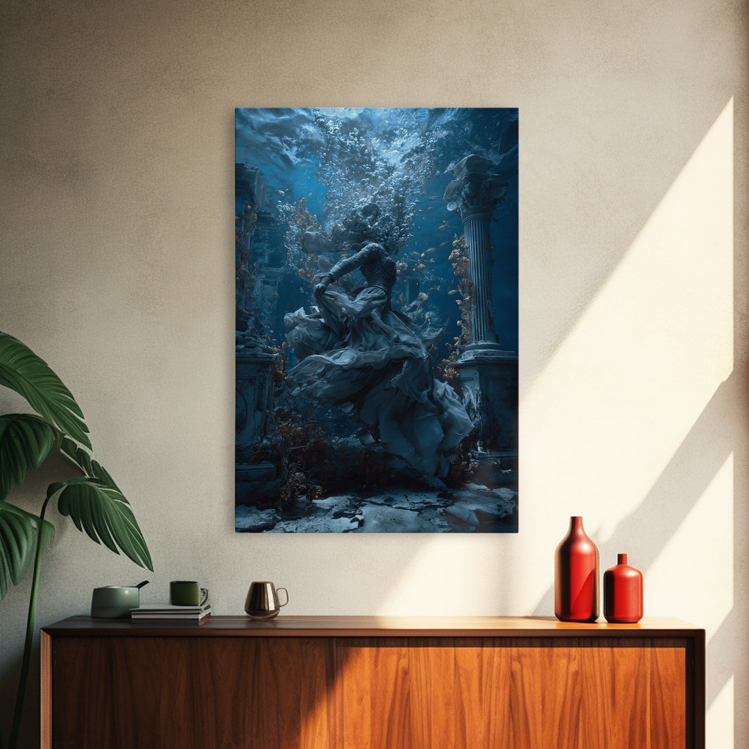 The Underwater Graveyard, Vertical Wall Art, Macabre Wall Art, Framed Canvas Print, Halloween Wall Decor, Gothic Home Decor