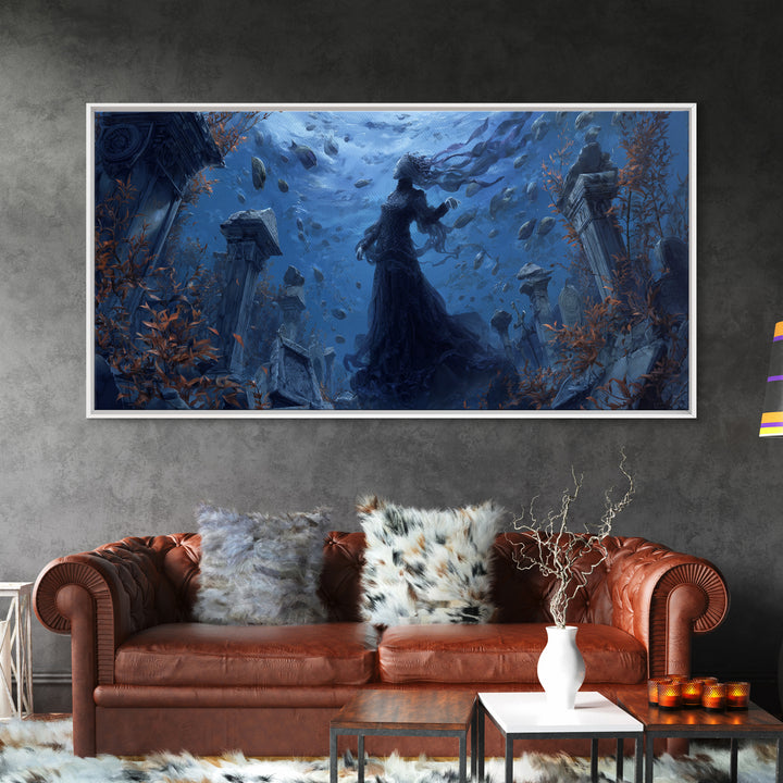 The Underwater Graveyard, Wide Panoramic Art, Haunted Gothic Art, Framed Canvas Print, Halloween Wall Decor, Gothic Home Decor