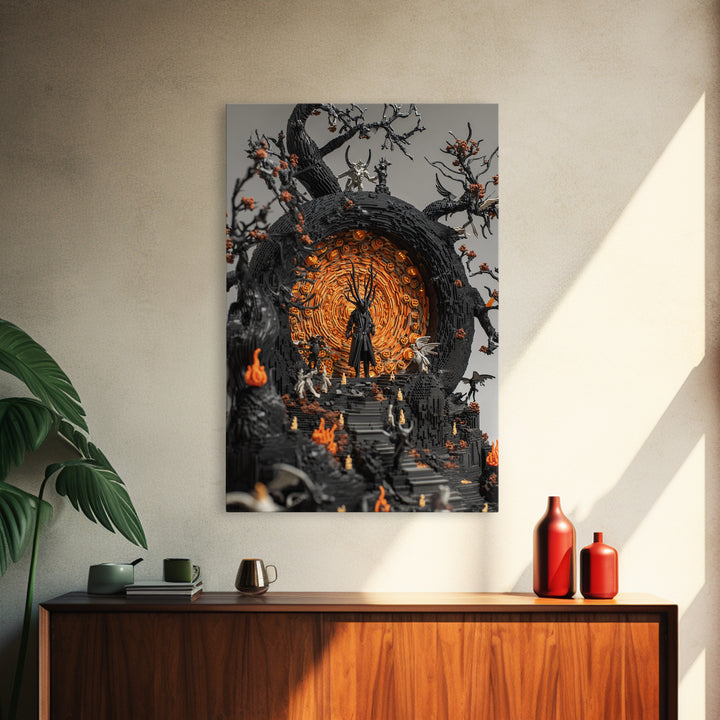The Volcanic Demon Festival, Vertical Wall Art, Haunted Gothic Art, Framed Canvas Print, Halloween Wall Decor, Gothic Home Decor