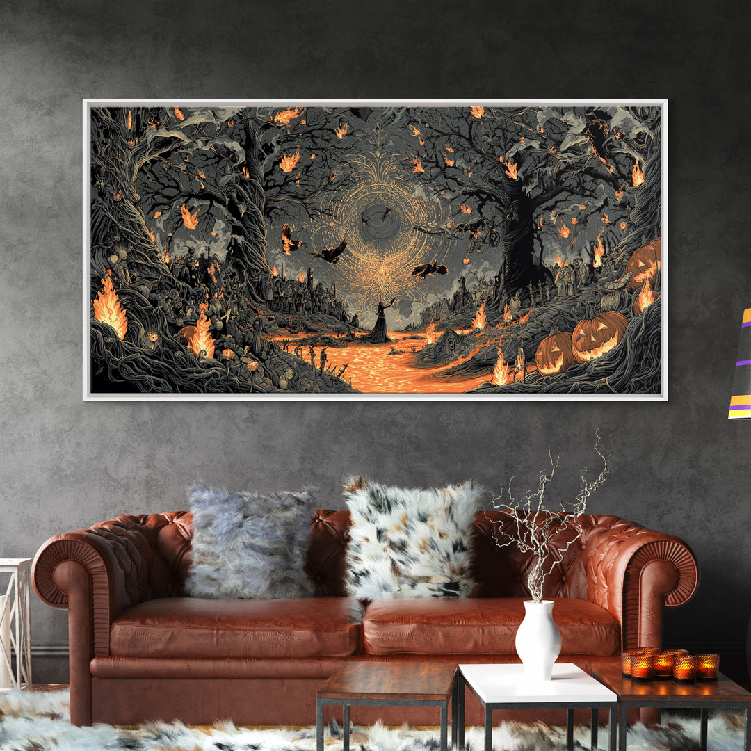 The Volcanic Demon Festival, Wide Panoramic Art, Haunted Gothic Art, Framed Canvas Print, Halloween Wall Decor, Gothic Home Decor
