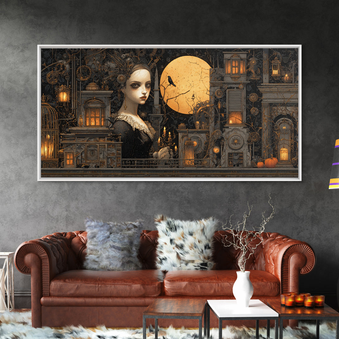 The Clockwork Haunted House, Wide Panoramic Art, Dark Halloween Decor, Canvas Print, Halloween Wall Decor, Gothic Home Decor
