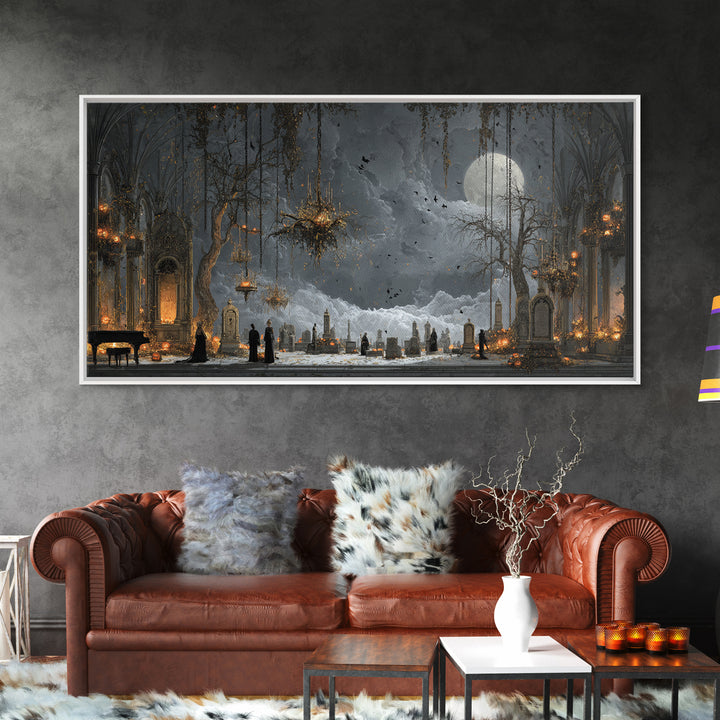The Upside-Down Cemetery, Wide Panoramic Art, Macabre Wall Art, Framed Canvas Print, Halloween Wall Decor, Gothic Home Decor
