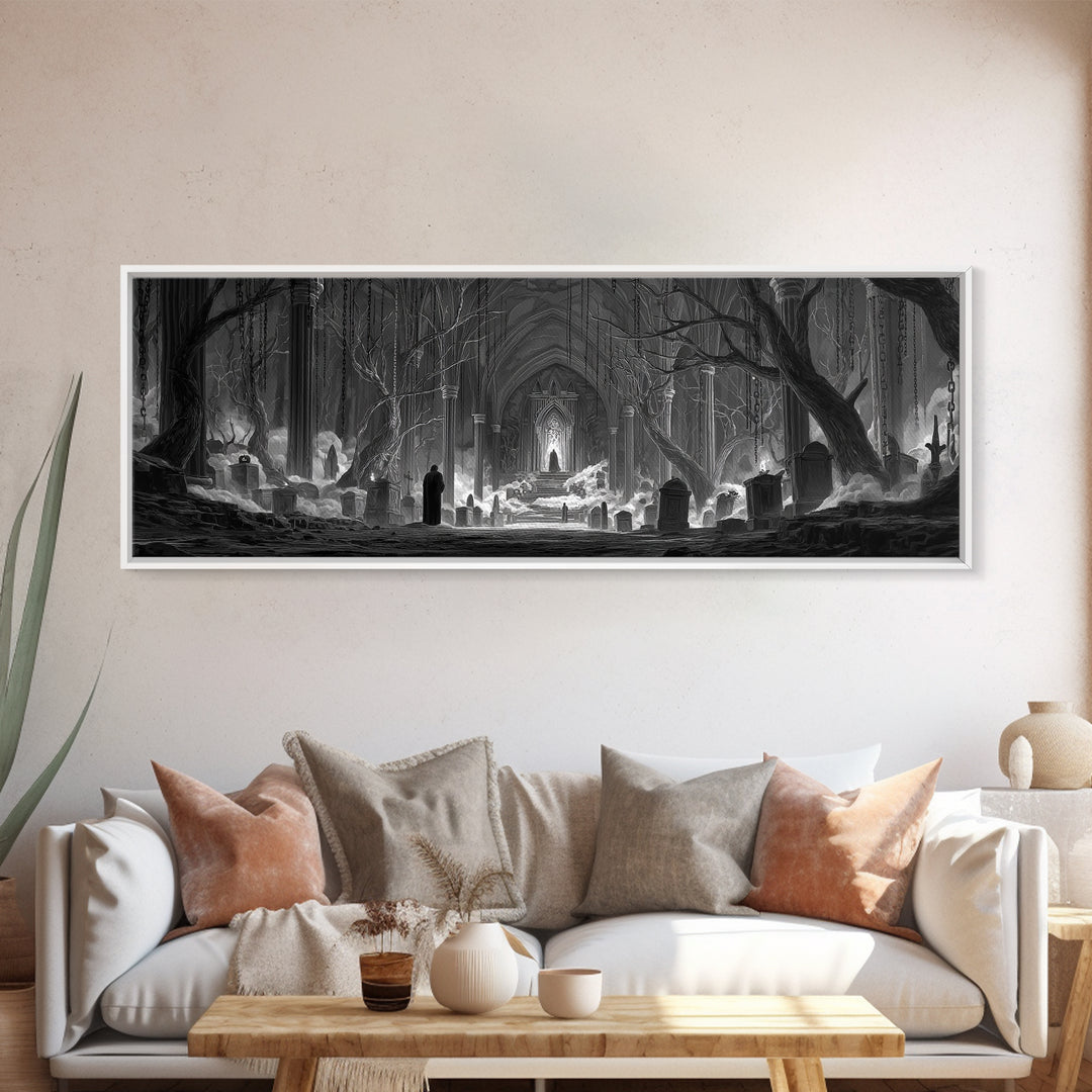 The Upside-Down Cemetery, Extra Wide Wall Art, Gothic Horror Wall Art, Framed Canvas Print, Halloween Wall Decor, Gothic Home Decor