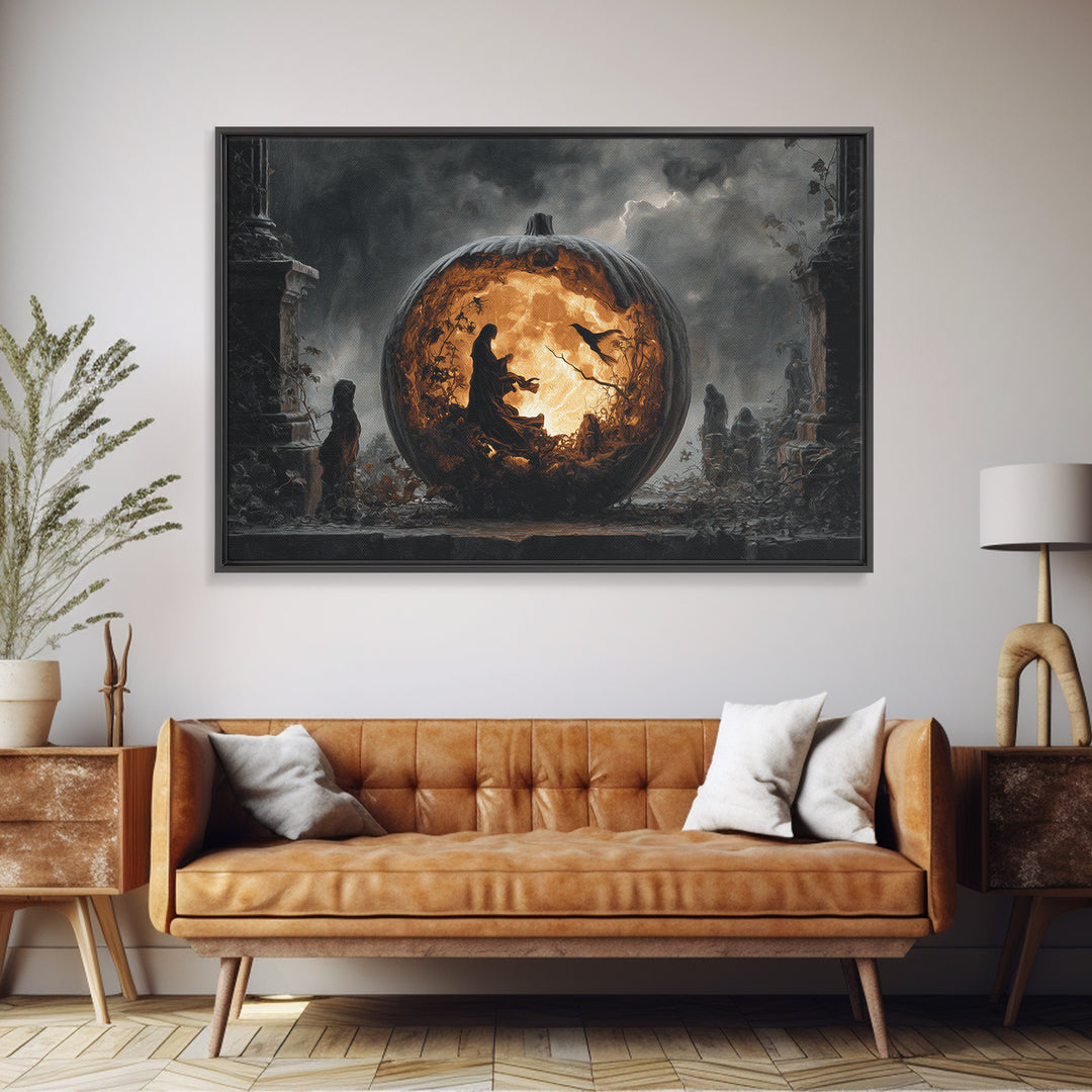 The Moon Inside A Pumpkin, Landscape Wall Art, Macabre Wall Art, Framed Canvas Print, Halloween Wall Decor, Gothic Home Decor