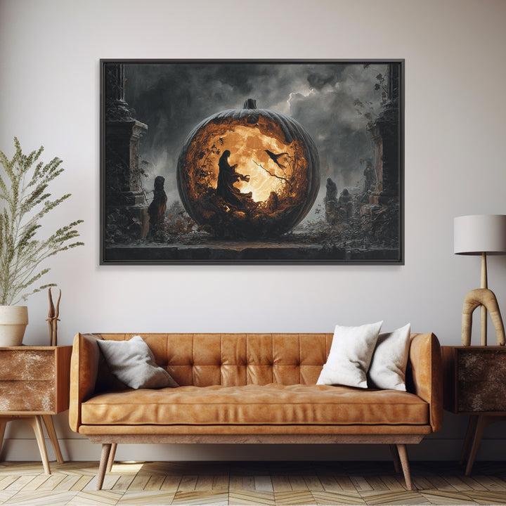 The Moon Inside A Pumpkin, Landscape Wall Art, Macabre Wall Art, Framed Canvas Print, Halloween Wall Decor, Gothic Home Decor