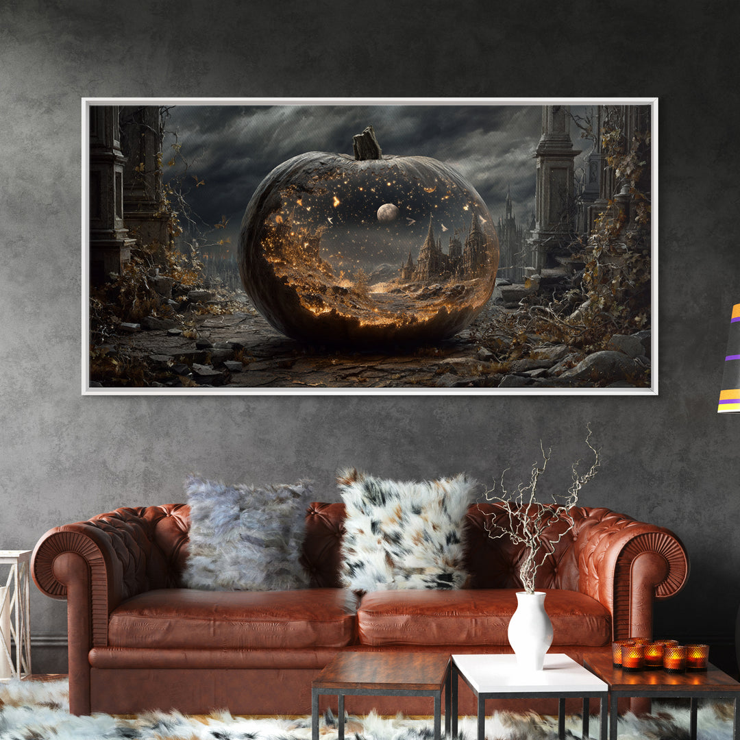 The Moon Inside A Pumpkin, Wide Panoramic Art, Dark Halloween Decor, Canvas Print, Halloween Wall Decor, Gothic Home Decor