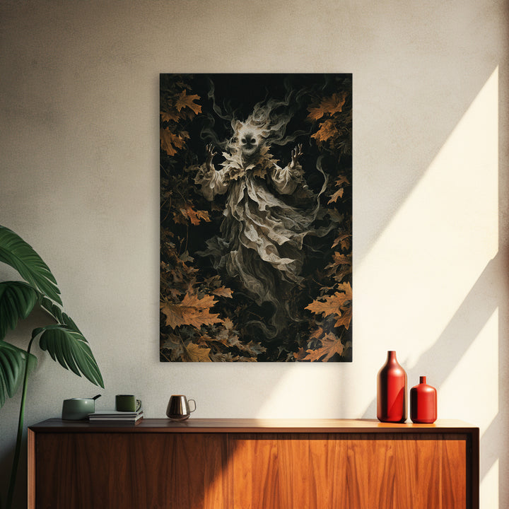 The Autumn-Leaf Ghost, Vertical Wall Art, Gothic Horror Wall Art, Framed Canvas Print, Halloween Wall Decor, Gothic Home Decor