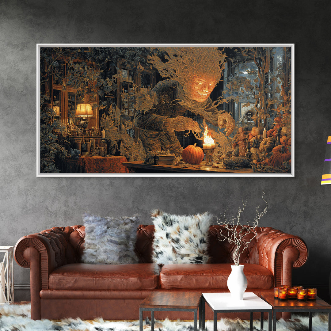 The Autumn-Leaf Ghost, Wide Panoramic Art, Macabre Wall Art, Framed Canvas Print, Halloween Wall Decor, Gothic Home Decor, Spooky Wall Decor