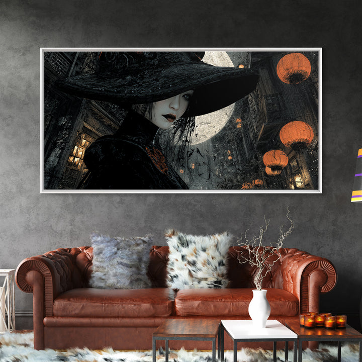 The Town Where Shadows Live, Wide Panoramic Art, Dark Fantasy Wall Art, Canvas Print, Halloween Wall Decor, Gothic Home Decor