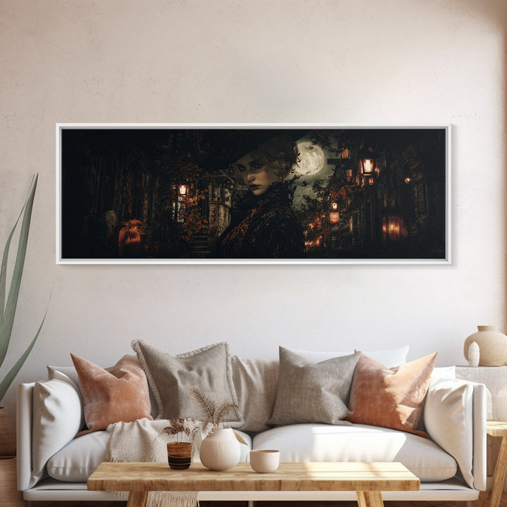 The Town Where Shadows Live, Extra Wide Wall Art, Macabre Wall Art, Framed Canvas Print, Halloween Wall Decor, Gothic Home Decor