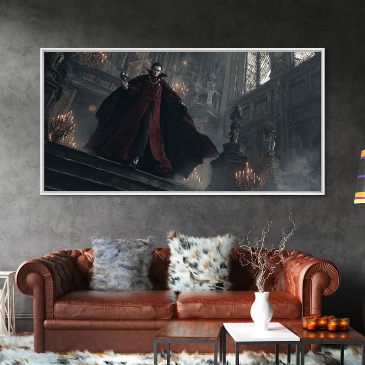 The Crimson Count Of Hollow Keep, Wide Panoramic Art, Gothic Horror Wall Art, Framed Canvas Print, Halloween Wall Decor, Gothic Home Decor