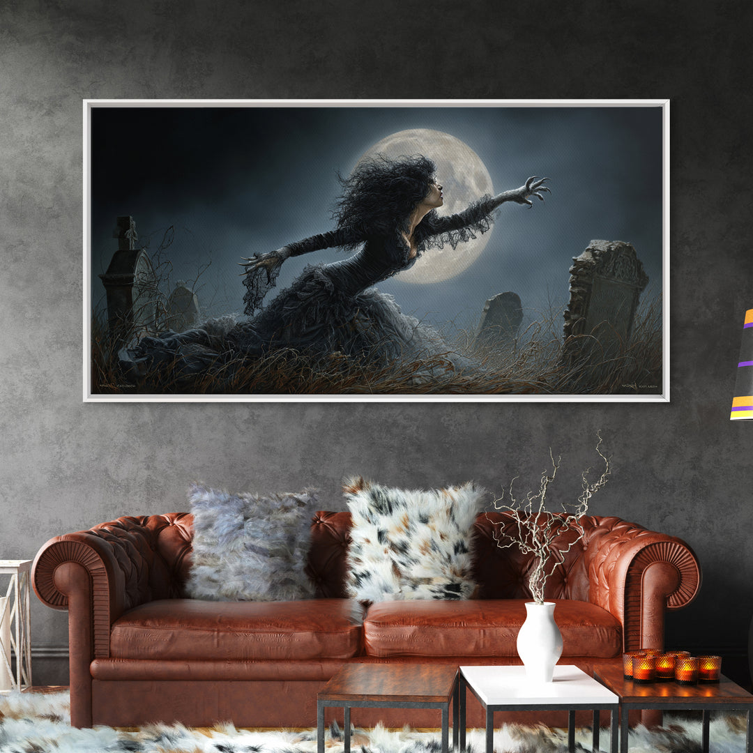 The Widow Wolf Of Briar Moon, Wide Panoramic Art, Macabre Wall Art, Framed Canvas Print, Halloween Wall Decor, Gothic Home Decor