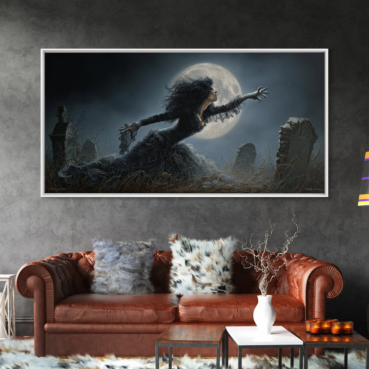 The Widow Wolf Of Briar Moon, Wide Panoramic Art, Macabre Wall Art, Framed Canvas Print, Halloween Wall Decor, Gothic Home Decor