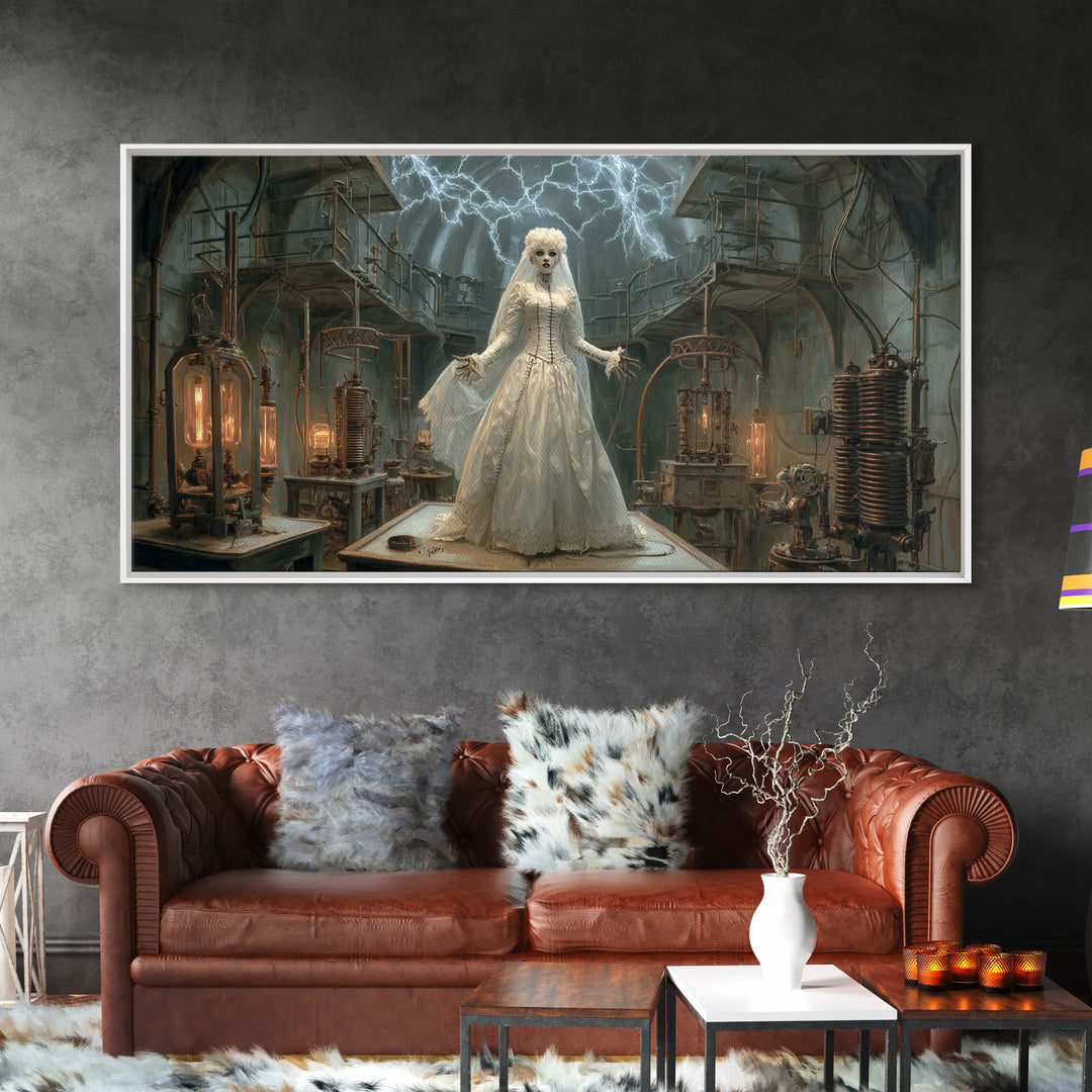 The Stitched Bride Of Thunder Hall, Wide Panoramic Art, Dark Fantasy Wall Art, Canvas Print, Halloween Wall Decor, Gothic Home Decor