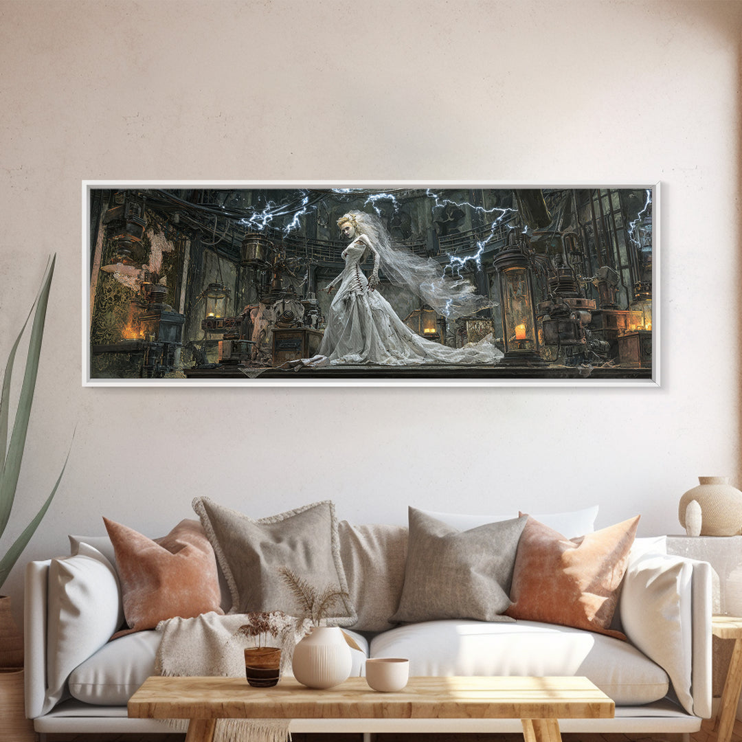 The Stitched Bride Of Thunder Hall, Extra Wide Wall Art, Haunted Gothic Art, Framed Canvas Print, Halloween Wall Decor, Gothic Home Decor