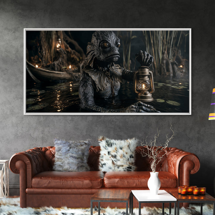 The Creature Of Lantern Lagoon, Wide Panoramic Art, Haunted Gothic Art, Framed Canvas Print, Halloween Wall Decor, Gothic Home Decor