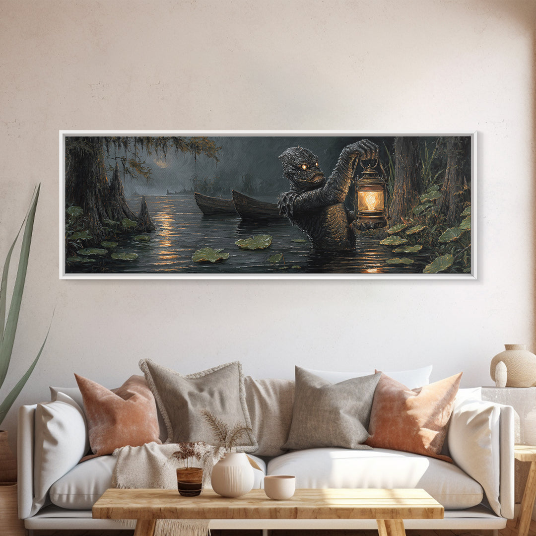 The Creature Of Lantern Lagoon, Extra Wide Wall Art, Spooky Home Decor, Canvas Print, Halloween Wall Decor, Gothic Home Decor