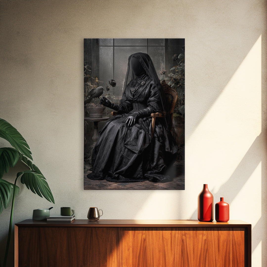The Invisible Mourner Of Glass House, Vertical Wall Art, Haunted Gothic Art, Framed Canvas Print, Halloween Wall Decor, Gothic Home Decor