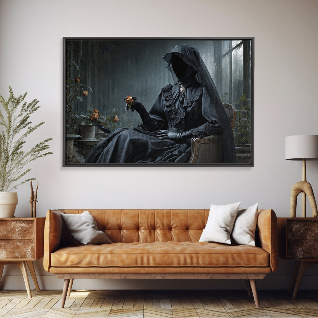 The Invisible Mourner Of Glass House, Landscape Wall Art, Haunted Gothic Art, Framed Canvas Print, Halloween Wall Decor, Gothic Home Decor