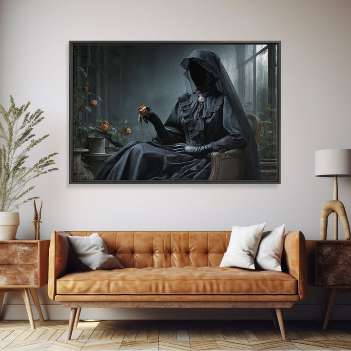 The Invisible Mourner Of Glass House, Landscape Wall Art, Haunted Gothic Art, Framed Canvas Print, Halloween Wall Decor, Gothic Home Decor
