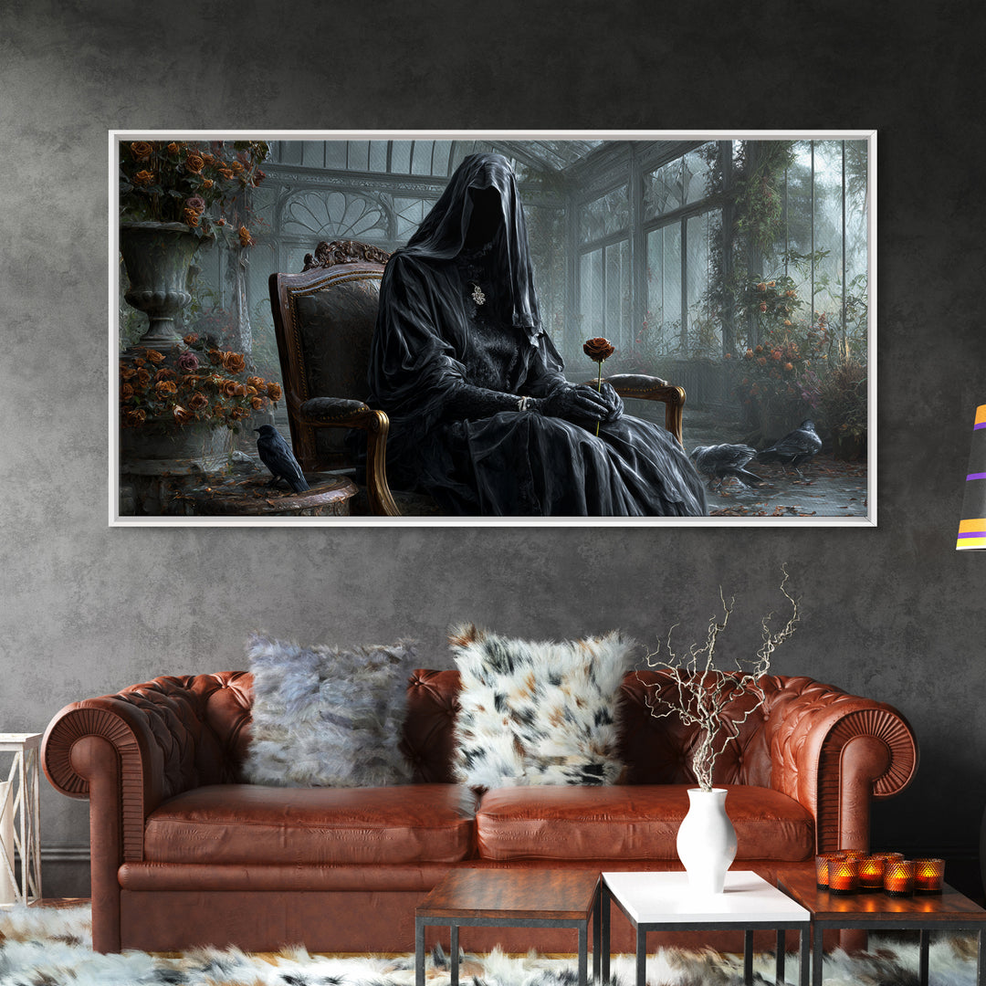 The Invisible Mourner Of Glass House, Wide Panoramic Art, Gothic Horror Wall Art, Framed Canvas Print, Halloween Wall Decor