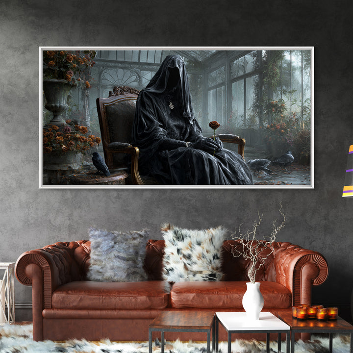 The Invisible Mourner Of Glass House, Wide Panoramic Art, Gothic Horror Wall Art, Framed Canvas Print, Halloween Wall Decor