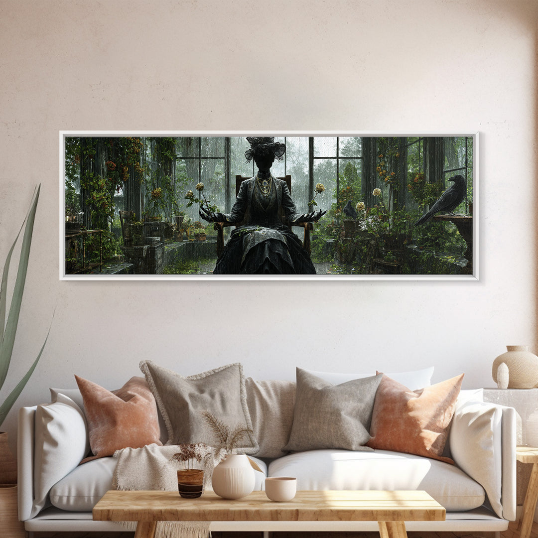 The Invisible Mourner Of Glass House, Extra Wide Wall Art, Spooky Home Decor, Canvas Print, Halloween Wall Decor, Gothic Home Decor