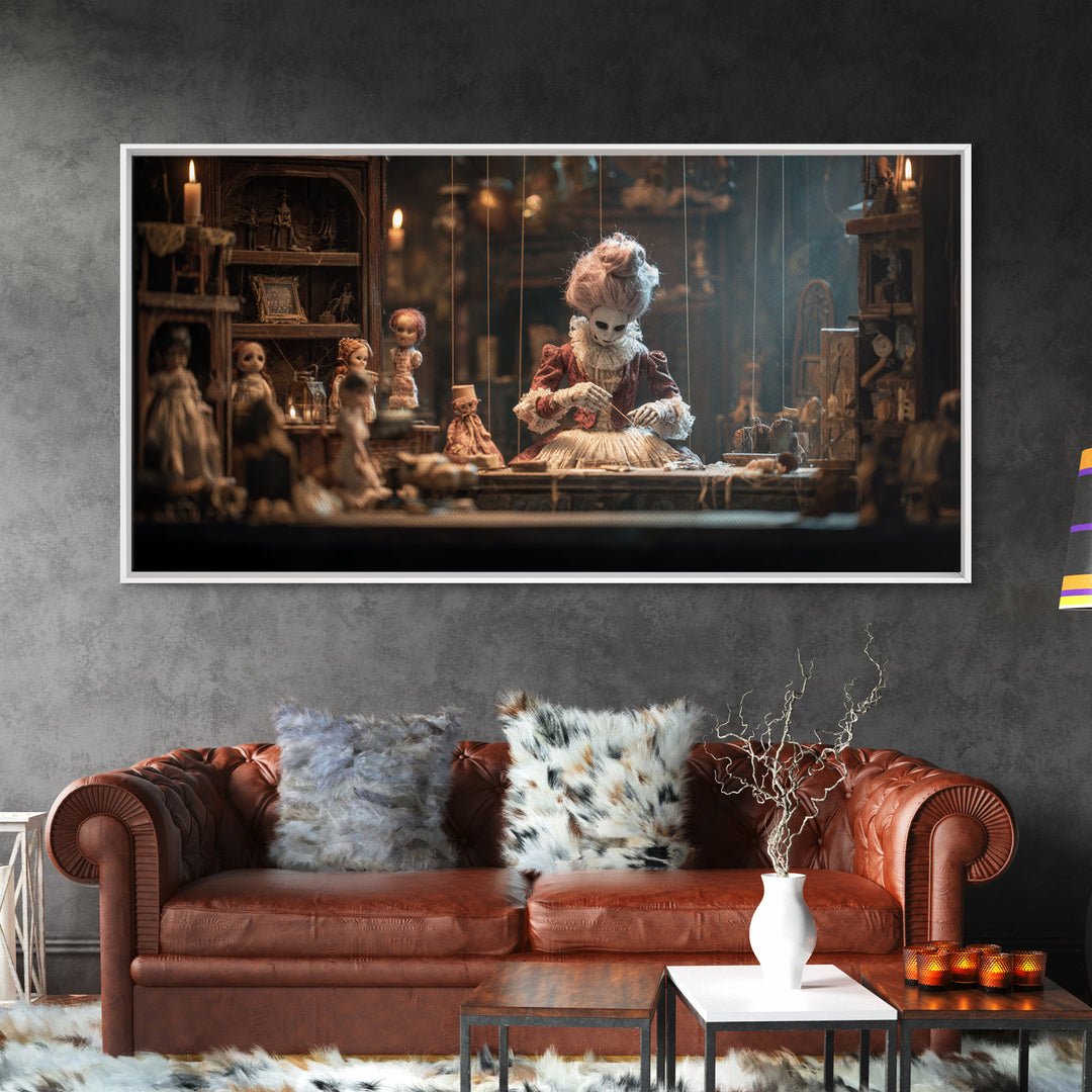 The Dollmaker Of Hollow Ward, Wide Panoramic Art, Macabre Wall Art, Framed Canvas Print, Halloween Wall Decor, Gothic Home Decor