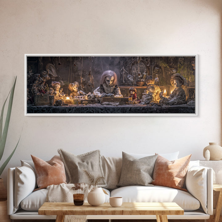 The Dollmaker Of Hollow Ward, Extra Wide Wall Art, Macabre Wall Art, Framed Canvas Print, Halloween Wall Decor, Gothic Home Decor