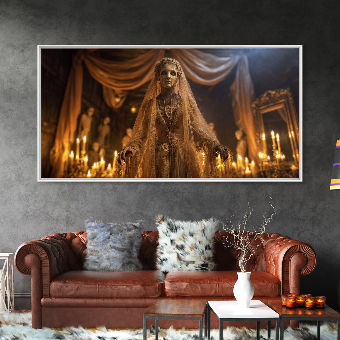 The Wax Bride Of Mourning Hall, Wide Panoramic Art, Macabre Wall Art, Framed Canvas Print, Halloween Wall Decor, Gothic Home Decor