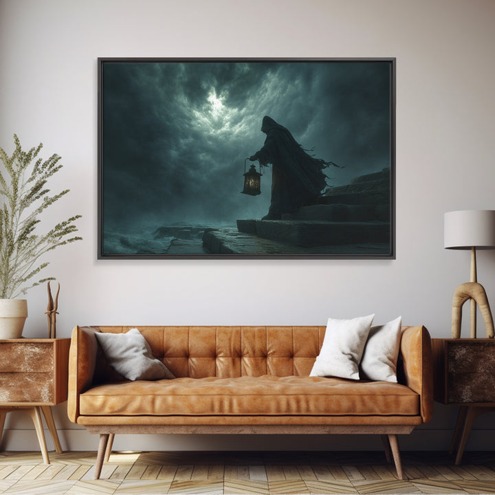 The Lantern-Bearer Of R’Lyeh, Landscape Wall Art, Spooky Home Decor, Framed Canvas Print, Halloween Wall Decor, Gothic Home Decor