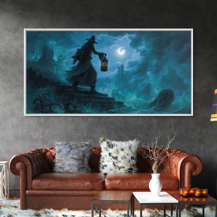 The Lantern-Bearer Of R’Lyeh, Wide Panoramic Art, Lovecraftian Horror Art, Canvas Print, Halloween Wall Decor, Gothic Home Decor