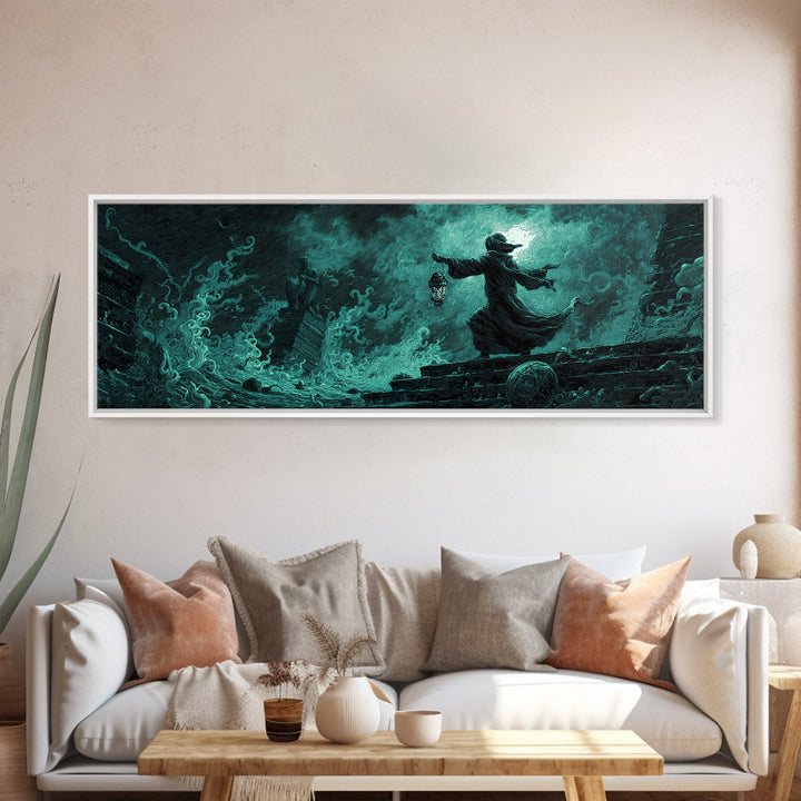 The Lantern-Bearer Of R’Lyeh, Extra Wide Wall Art, Eldritch Gothic Decor, Framed Canvas Print, Halloween Wall Decor, Gothic Home Decor