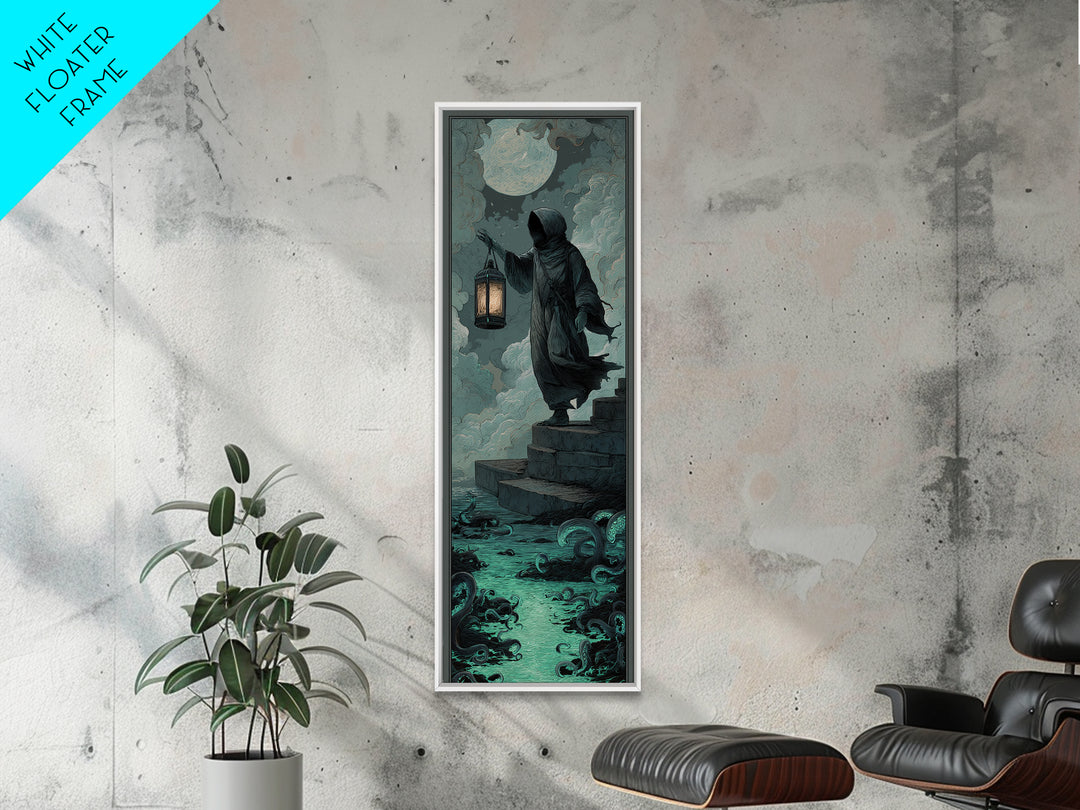 The Lantern-Bearer Of R’Lyeh, Tall Narrow Wall Art, Gothic Horror Wall Art, Framed Canvas Print, Halloween Wall Decor, Gothic Home Decor