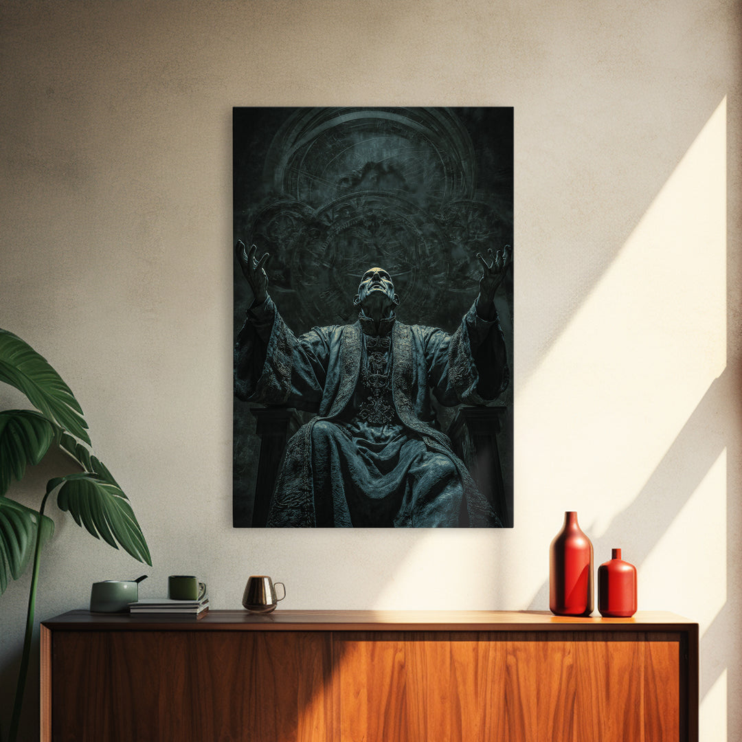 The Dreaming Priest Of The Outer Gate, Vertical Wall Art, Eldritch Gothic Decor, Framed Canvas Print, Halloween Wall Decor