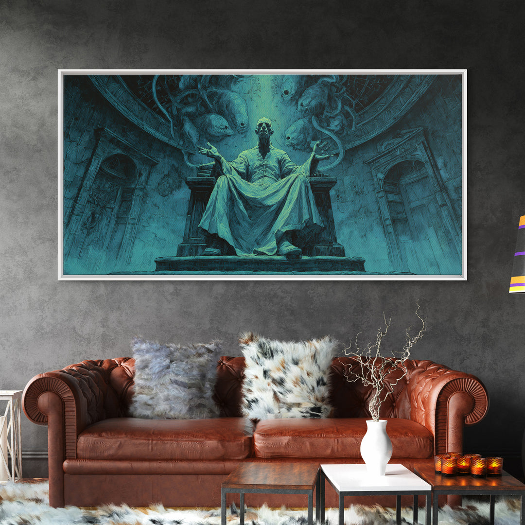 The Dreaming Priest Of The Outer Gate, Wide Panoramic Art, Gothic Horror Wall Art, Framed Canvas Print, Halloween Wall Decor