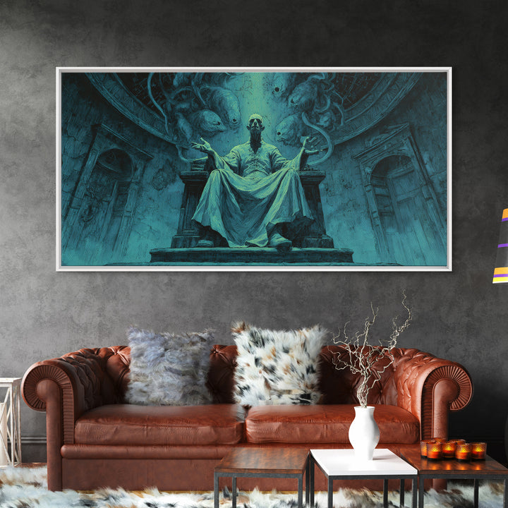 The Dreaming Priest Of The Outer Gate, Wide Panoramic Art, Gothic Horror Wall Art, Framed Canvas Print, Halloween Wall Decor