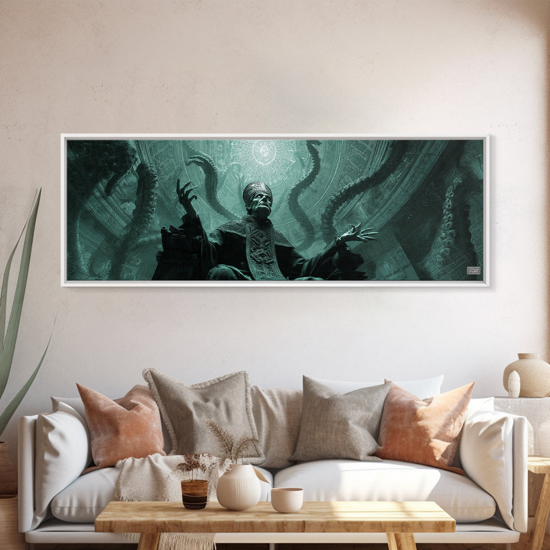 The Dreaming Priest Of The Outer Gate, Extra Wide Wall Art, Cosmic Horror Wall Art, Framed Canvas Print, Halloween Wall Decor