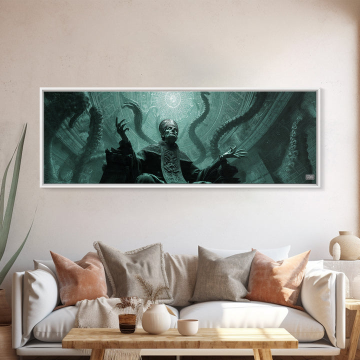 The Dreaming Priest Of The Outer Gate, Extra Wide Wall Art, Cosmic Horror Wall Art, Framed Canvas Print, Halloween Wall Decor