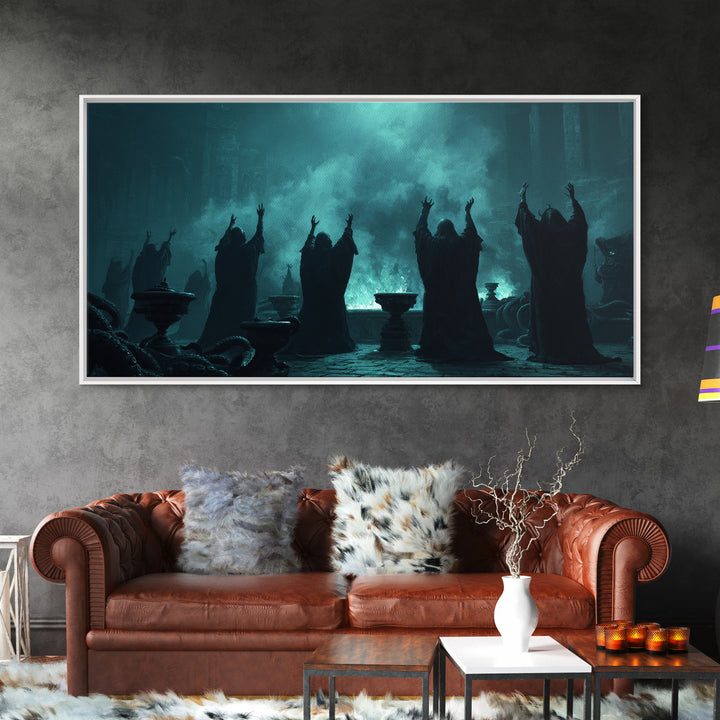 The Choir Of Deepwater Acolytes, Wide Panoramic Art, Dark Fantasy Wall Art, Canvas Print, Halloween Wall Decor, Gothic Home Decor