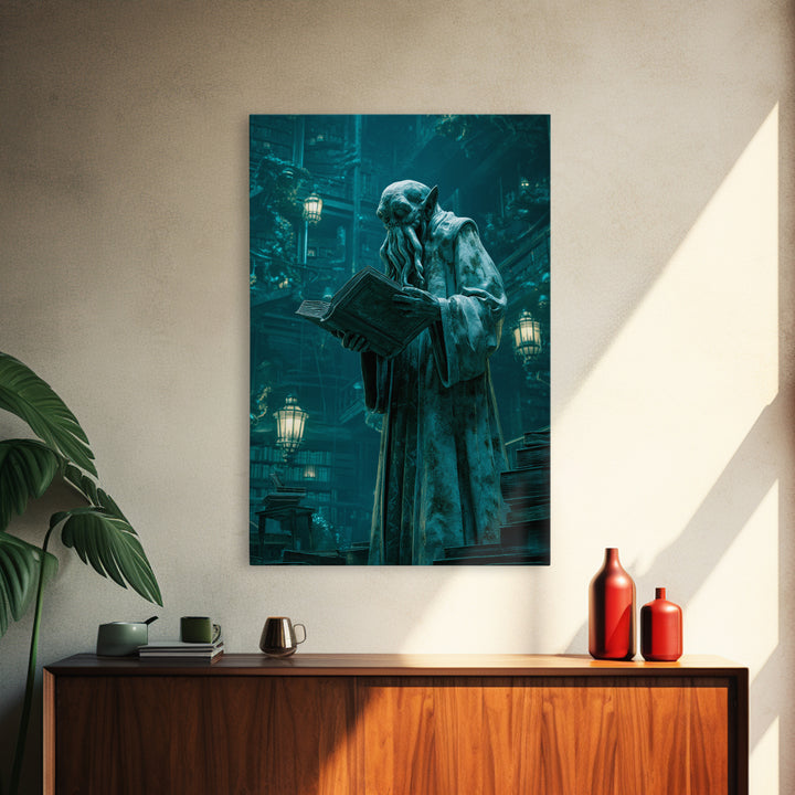 The Librarian Of Forbidden Tides, Vertical Wall Art, Gothic Horror Wall Art, Framed Canvas Print, Halloween Wall Decor, Gothic Home Decor