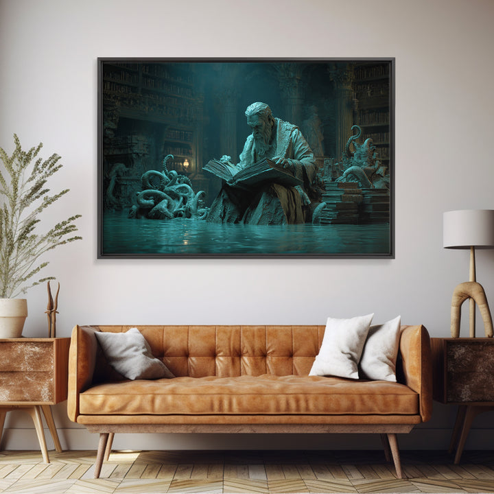 The Librarian Of Forbidden Tides, Landscape Wall Art, Lovecraftian Horror Art, Framed Canvas Print, Halloween Wall Decor, Gothic Home Decor