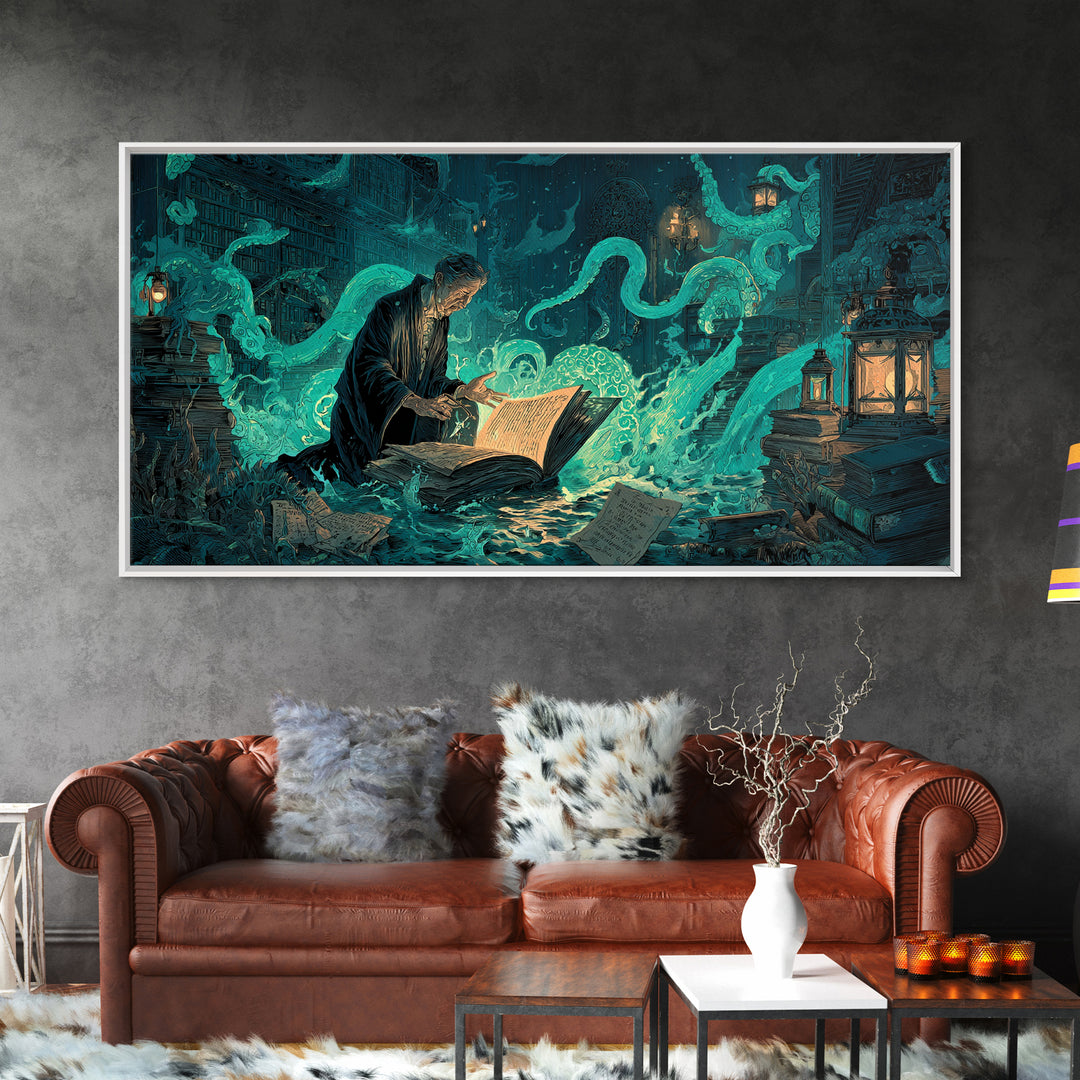 The Librarian Of Forbidden Tides, Wide Panoramic Art, Lovecraftian Horror Art, Canvas Print, Halloween Wall Decor, Gothic Home Decor