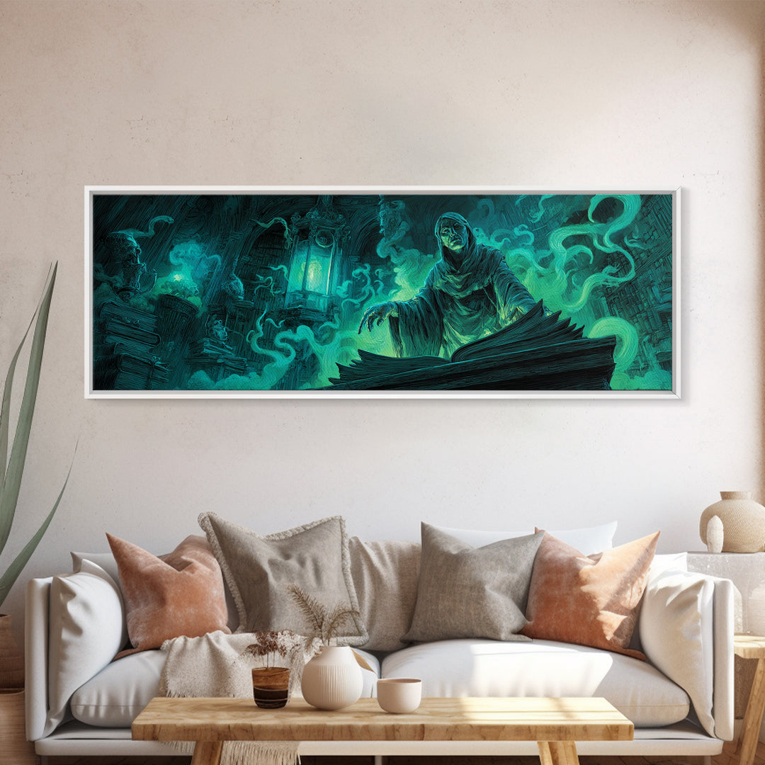 The Librarian Of Forbidden Tides, Extra Wide Wall Art, Cosmic Horror Wall Art, Canvas Print, Halloween Wall Decor, Gothic Home Decor