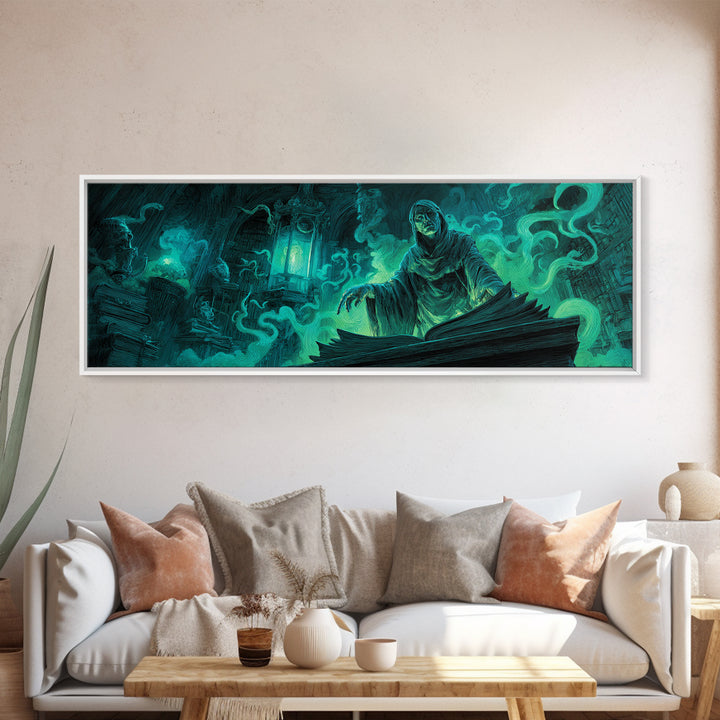 The Librarian Of Forbidden Tides, Extra Wide Wall Art, Cosmic Horror Wall Art, Canvas Print, Halloween Wall Decor, Gothic Home Decor