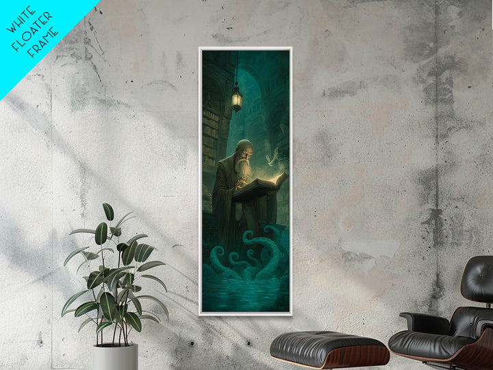 The Librarian Of Forbidden Tides, Tall Narrow Wall Art, Dark Fantasy Wall Art, Framed Canvas Print, Halloween Wall Decor, Gothic Home Decor