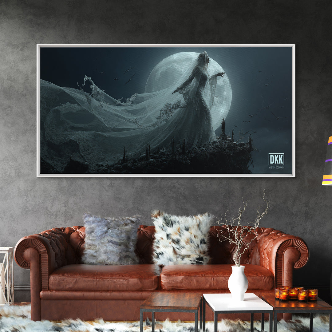 The Bride Of The Abyssal Moon, Wide Panoramic Art, Spooky Home Decor, Canvas Print, Halloween Wall Decor, Gothic Home Decor, Halloween Decor